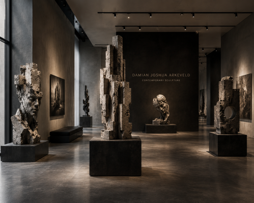 Damian Joshua Arkeveld solo exhibition with dramatic dark gallery space featuring contemporary stone sculptures