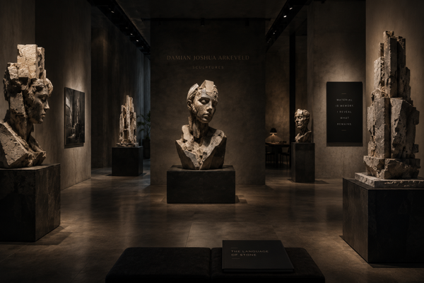 Intimate gallery room with a bronze-toned bust as centerpiece surrounded by stone sculptures and moody lighting