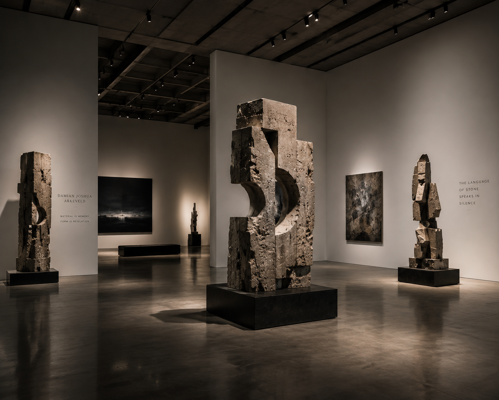 Gallery installation view with large abstract and figurative stone sculptures on dark pedestals under dramatic lighting