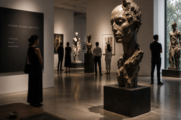 Gallery opening night with visitors viewing a monumental figurative bust sculpture in a contemporary exhibition space
